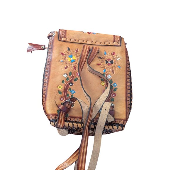 Vintage Tooled Painted Leather Backpack Mexican Floral Boho Folk Art Western - Picture 3 of 9
